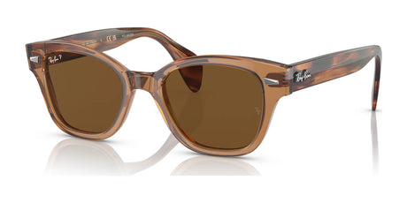 Ray-Ban RB0880S Sunglasses feature brown-tinted lenses, translucent tortoiseshell frames, and logo on temples, providing UV protection for outdoor adventures.