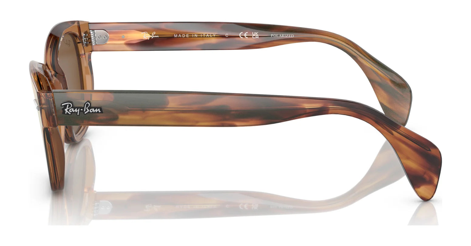 Side view of Ray-Ban RB0880S tortoiseshell sunglasses with translucent brown frames and logo on the temple, ideal for outdoor adventures with impeccable UV protection.