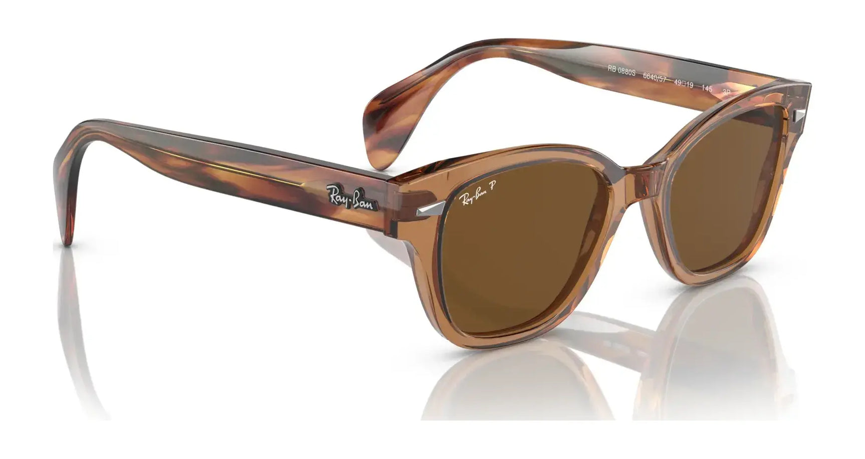 The Ray-Ban RB0880S Sunglasses feature stylish brown square lenses with tortoiseshell frames. They offer excellent UV protection and rest elegantly on a white background, making them perfect for any occasion.