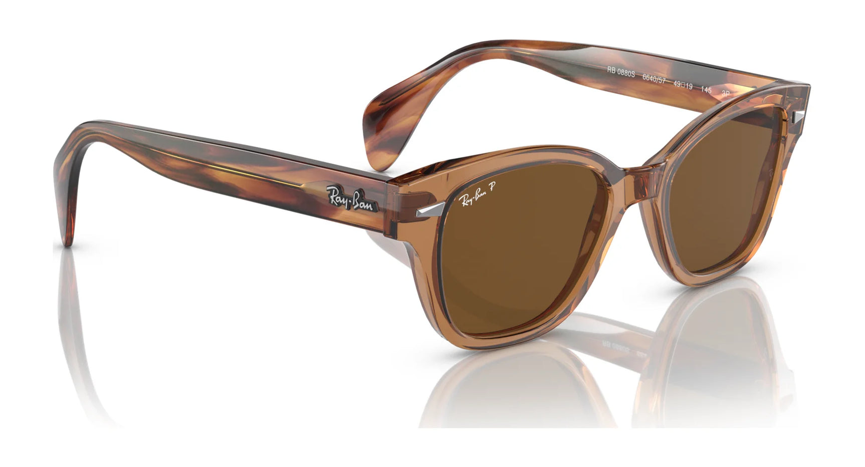 The Ray-Ban RB0880S Sunglasses feature translucent square frames and dark lenses with UV protection, complemented by a logo on the temples for added sophistication.