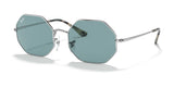 The Ray-Ban OCTAGON RB1972 Sunglasses, Size 54, feature hexagonal metal frames and teal lenses, providing premium sun protection.