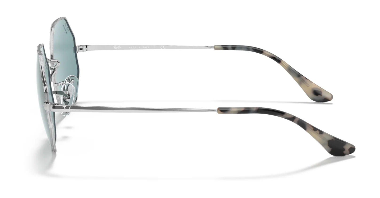 Side view of Ray-Ban OCTAGON RB1972 Sunglasses, size 54, showcasing geometric metal frames in silver with tortoiseshell-patterned temple tips, offering stylish premium sun protection.