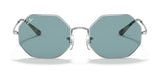 The Ray-Ban OCTAGON RB1972 Sunglasses | Size 54 offers premium protection with teal lenses and elegant geometric silver metal frames, stylishly showcased front-on against a white background.