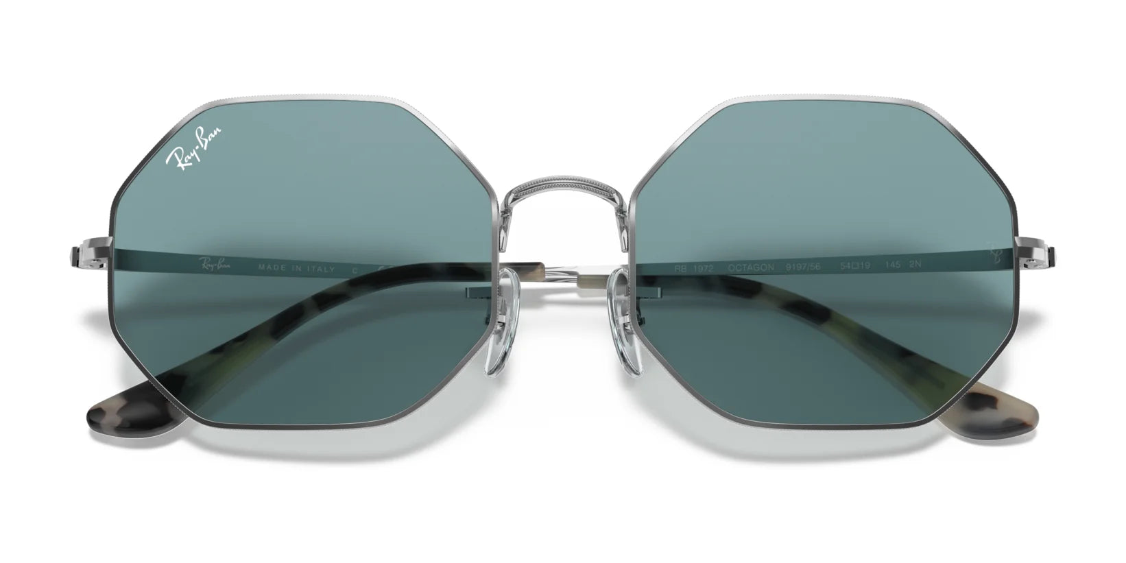 Ray-Ban OCTAGON RB1972 sunglasses (Size 54) feature geometric metal frames, offering premium sun protection with hexagonal silver styling and green lenses, displayed on a white background.