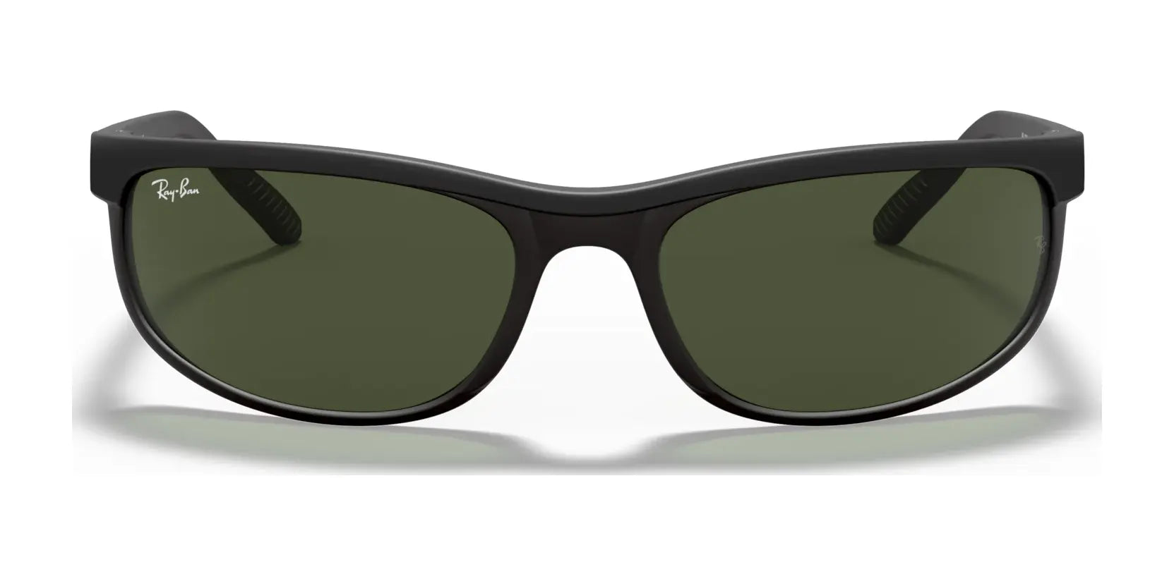 Ray-Ban PREDATOR 2 RB2027 Sunglasses feature a stylish wraparound frame with green-tinted lenses, offering sleek UV protection, all set against a pristine white background.