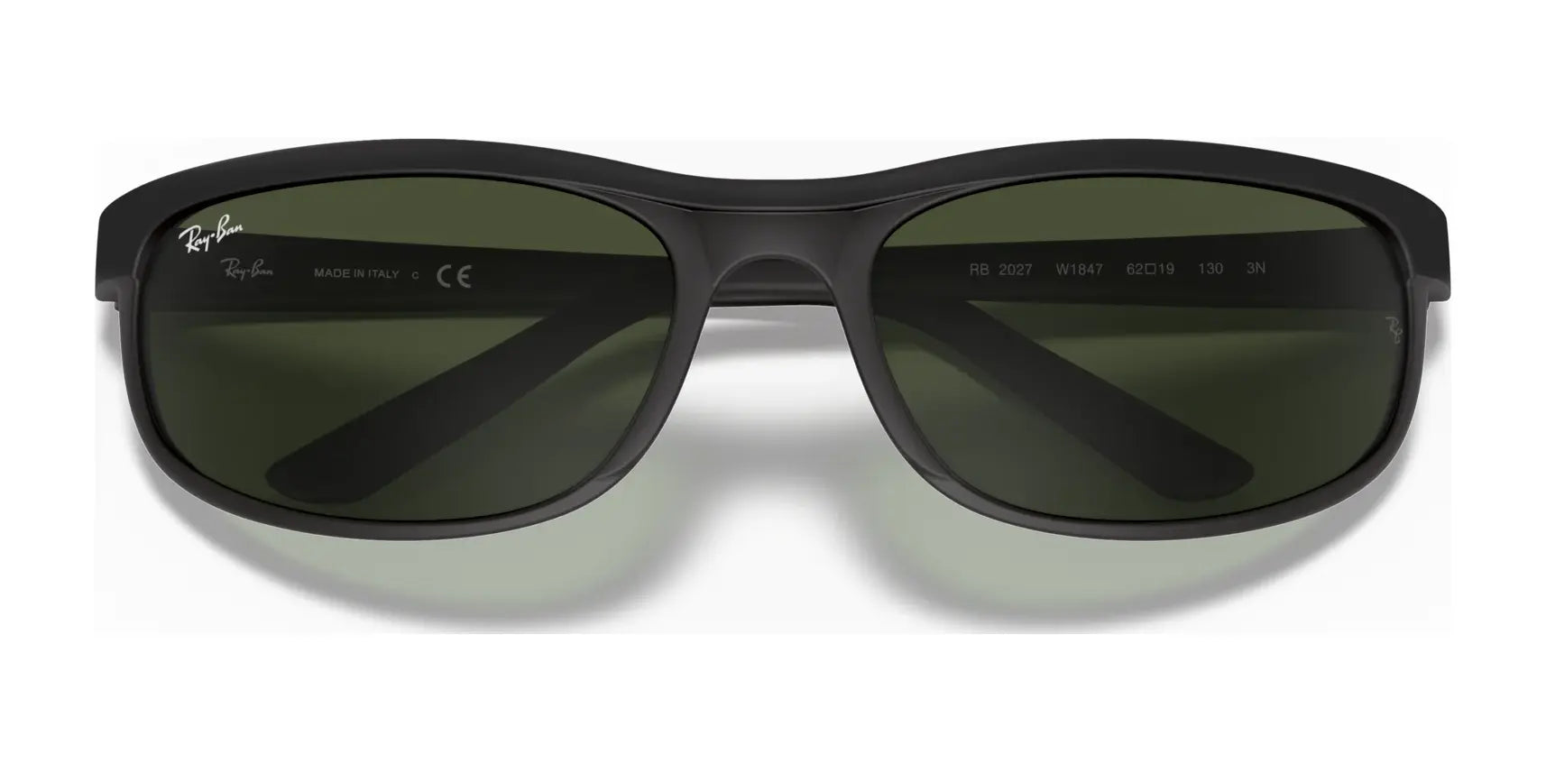 Sleek Ray-Ban PREDATOR 2 RB2027 sunglasses with a wraparound frame and dark green lenses, providing optimal UV protection, showcased on a pristine white background.