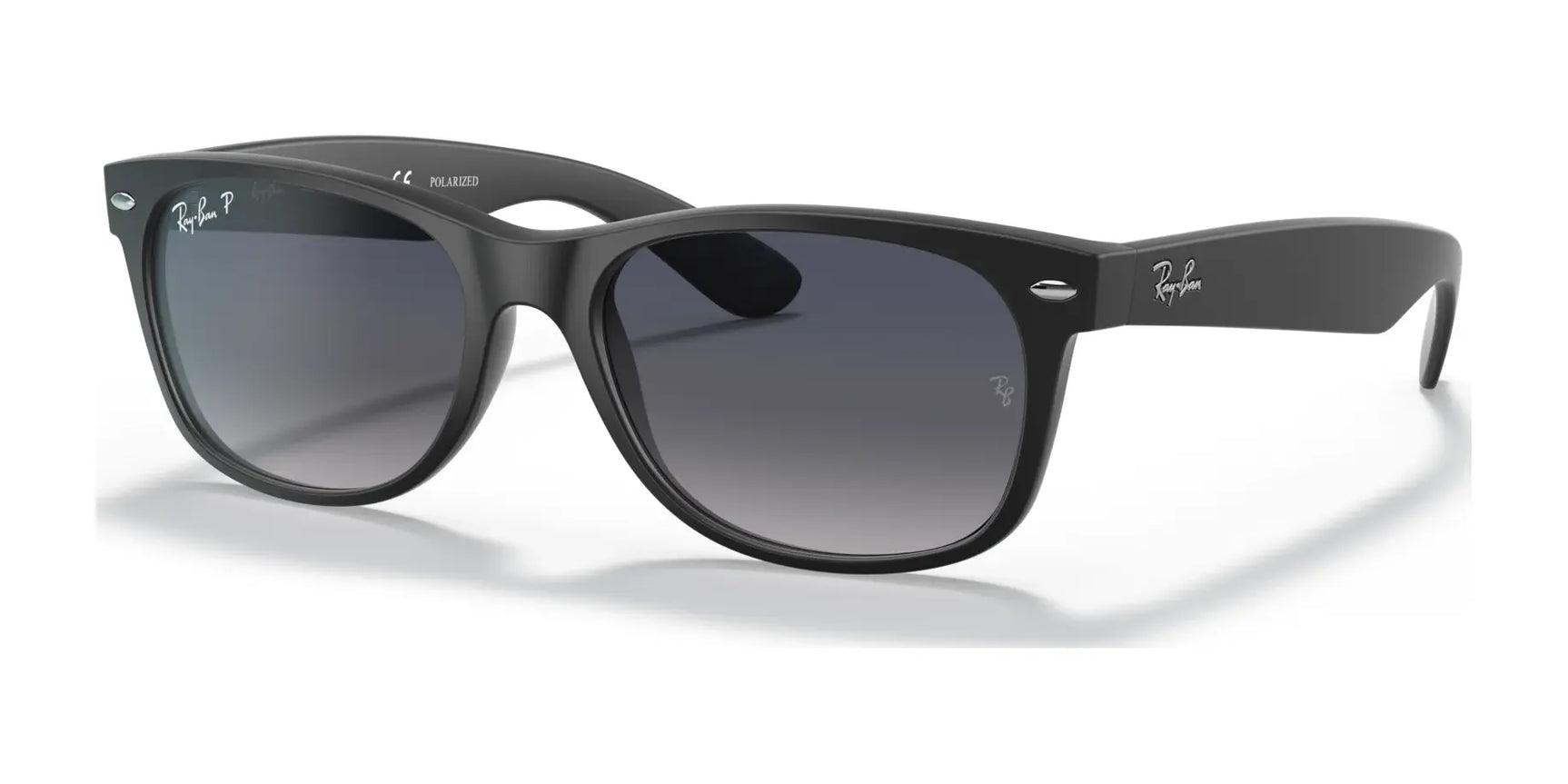 Ray-Ban NEW WAYFARER RB2132 Sunglasses feature dark, polarized lenses with UV protection and a small logo on the top corner of the right lens.