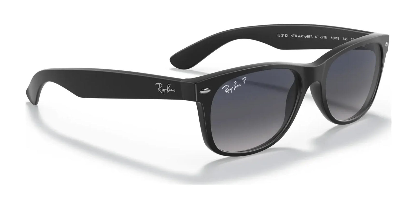 Ray-Ban NEW WAYFARER RB2132 size 55 sunglasses feature polarized lenses for enhanced UV protection and a sleek logo on the arms.