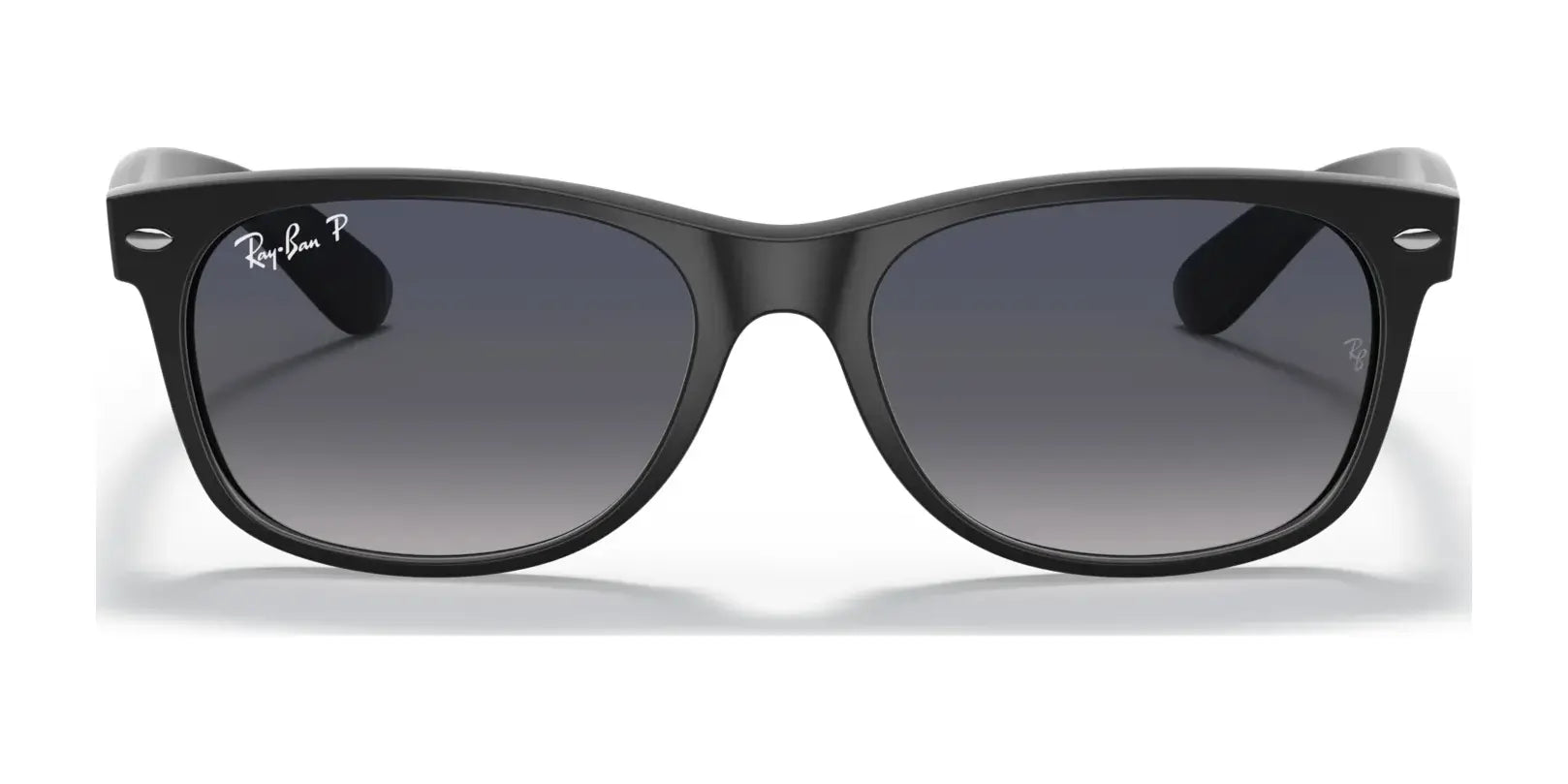 The Ray-Ban NEW WAYFARER RB2132 Sunglasses | Size 52 provide outstanding sun protection with sleek black frames, dark lenses, and a discreet brand logo on the corner.