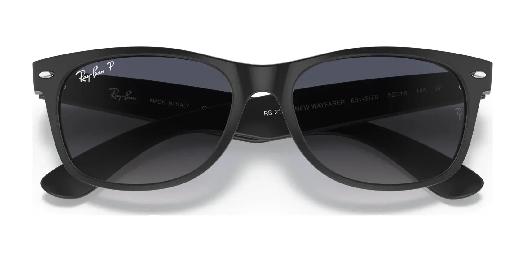 The Ray-Ban NEW WAYFARER RB2132 sunglasses in size 52 feature polarized lenses for excellent sun protection, with the model number on the inside arm.