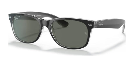 The Ray-Ban NEW WAYFARER RB2132 Sunglasses (Size 55) have black frames, dark polarized lenses, and a logo on the top corner of the left lens for stylish UV protection.