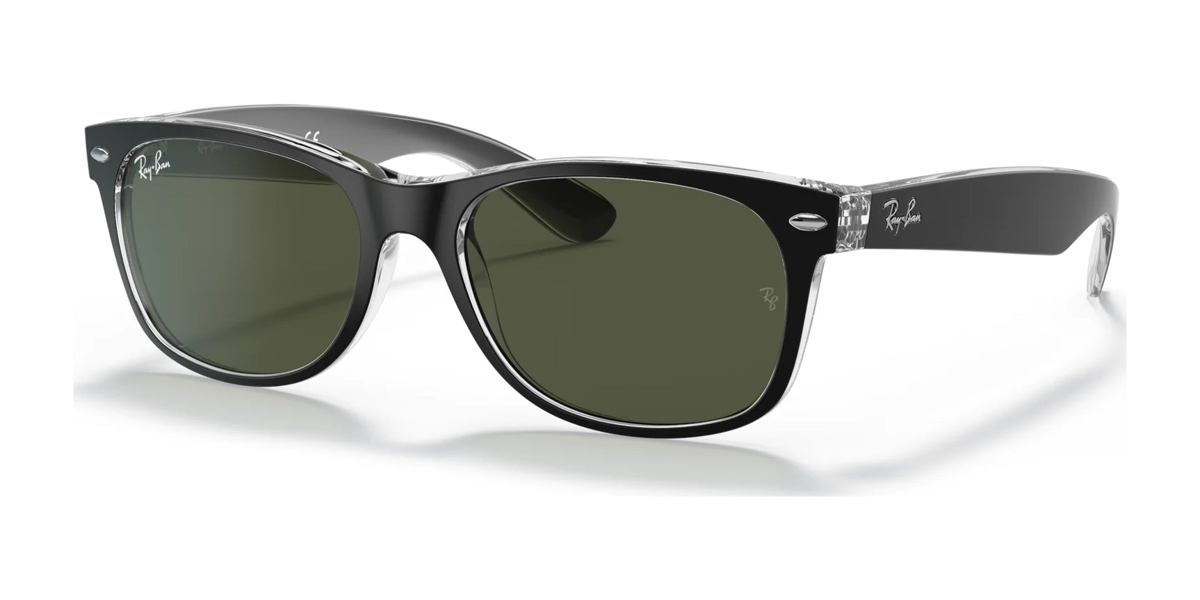 Ray-Ban NEW WAYFARER RB2132 sunglasses in size 52 feature black frames, dark lenses, and silver temple accents. They offer stylish sun protection with a classic yet modern design, shown against a plain white background.