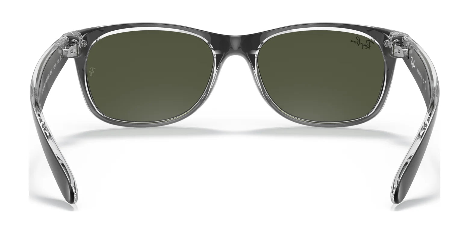 Back view of Ray-Ban NEW WAYFARER RB2132 Sunglasses | Size 52, featuring a gray frame and green-tinted lenses, offering stylish sun protection against a white background.