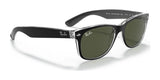 Explore the Ray-Ban NEW WAYFARER RB2132 Sunglasses, Size 58, which come with black and transparent frames paired with green lenses. The subtle silver branding on arms and lenses enhances their style while providing excellent UV protection for your eyes.