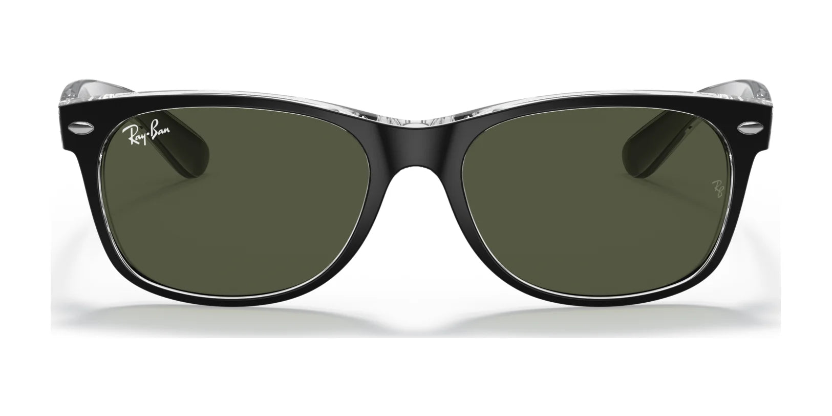 Ray-Ban NEW WAYFARER RB2132 sunglasses, size 58, in black with dark lenses offering 100% UV protection are shown from the front on a white background.