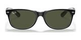 Explore the timeless Ray-Ban NEW WAYFARER RB2132 Sunglasses in size 52, featuring black frames and green lenses. The classic design includes a subtle logo on the upper left corner of the right lens, combining style and authenticity.