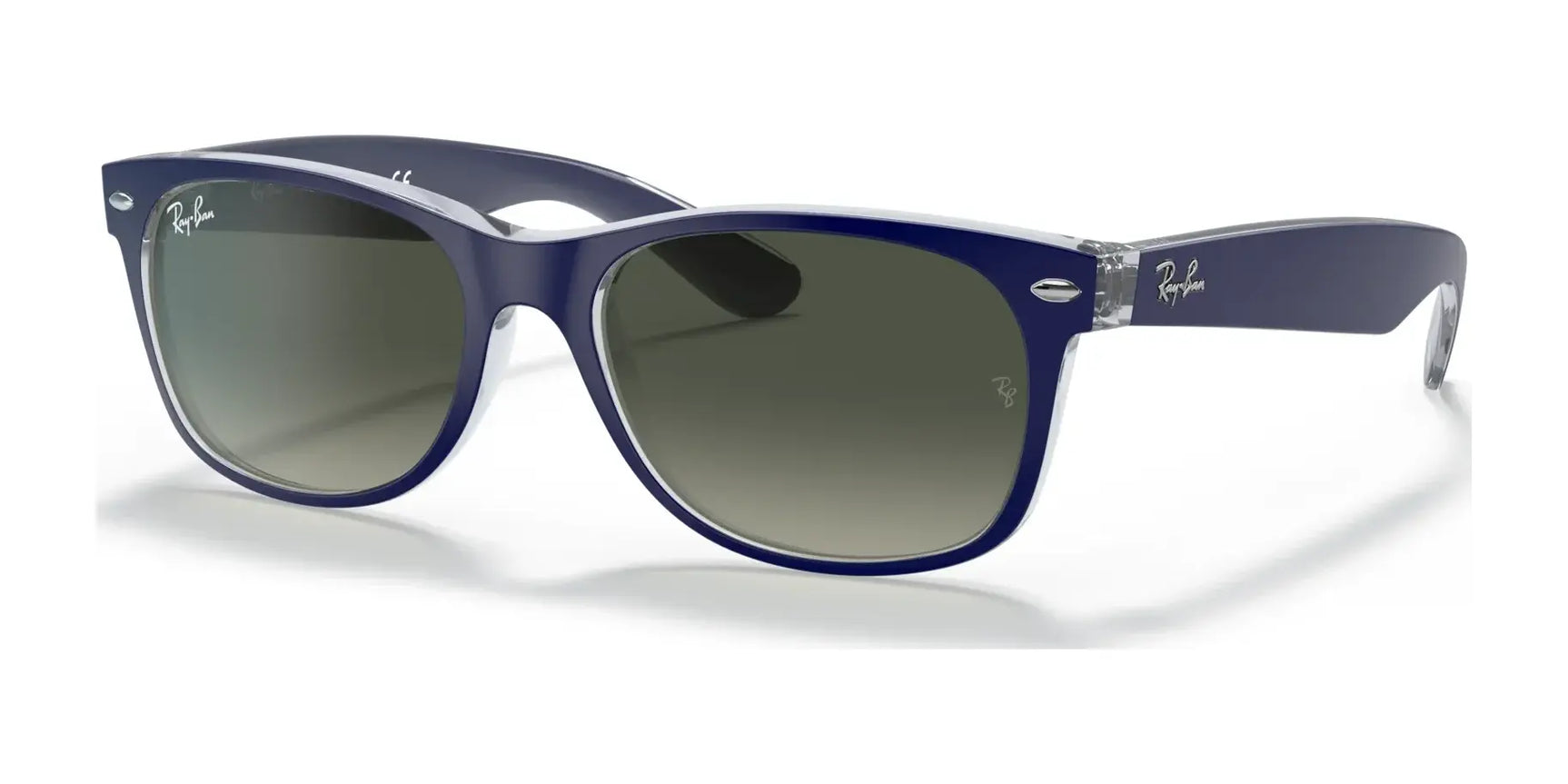 Dark blue and clear Ray-Ban NEW WAYFARER RB2132 sunglasses, Size 55, feature a logo on the arms and dark tinted polarized lenses for superior UV protection.