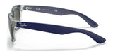 Side view of Ray-Ban NEW WAYFARER RB2132 sunglasses with dark blue arms, transparent frame, and polarized lenses for enhanced UV protection.