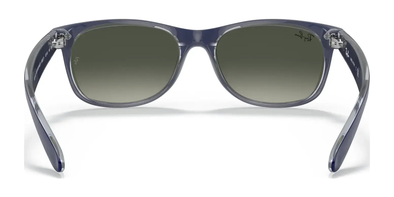 Rear view of Ray-Ban NEW WAYFARER RB2132 sunglasses, size 55, in dark gray with gradient polarized lenses on a white background.