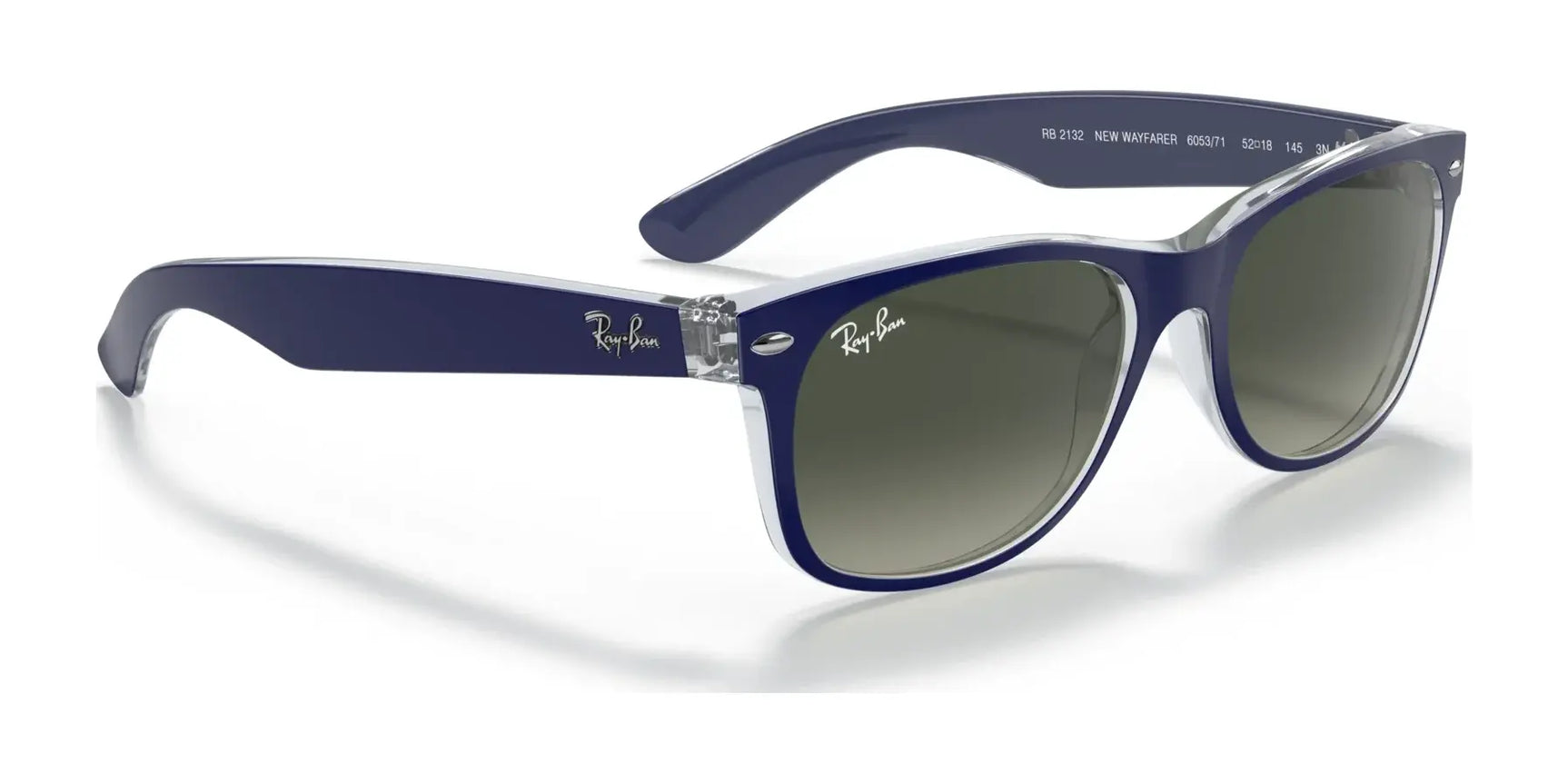 Ray-Ban NEW WAYFARER RB2132 Sunglasses, Size 55, showcase polarized lenses and UV protection, with iconic branding on the arms against a white background.