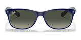 The Ray-Ban NEW WAYFARER RB2132 sunglasses, featuring blue frames with dark lenses, provide stylish sun protection. Size 52.