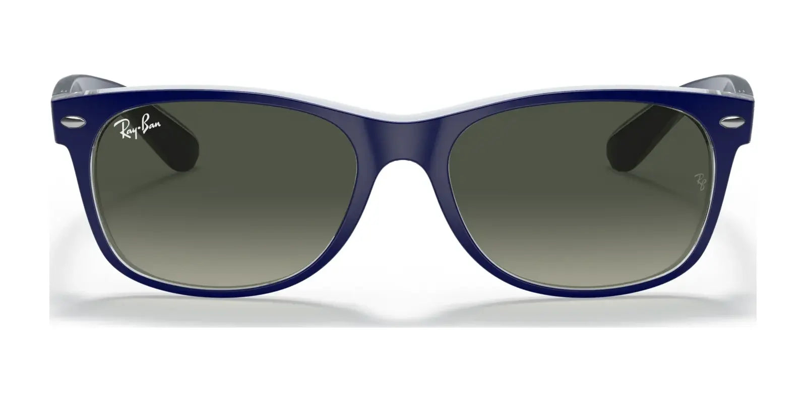 The Ray-Ban NEW WAYFARER RB2132 sunglasses, featuring blue frames with dark lenses, provide stylish sun protection. Size 52.