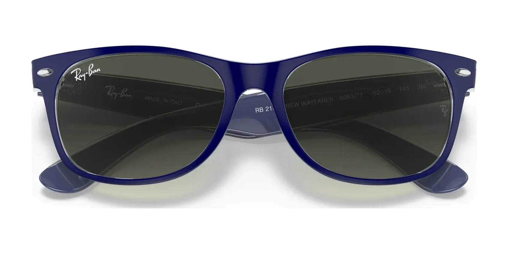 Front view of Ray-Ban NEW WAYFARER RB2132 Sunglasses, size 55, in blue with dark polarized lenses offering UV protection, set against a white background.