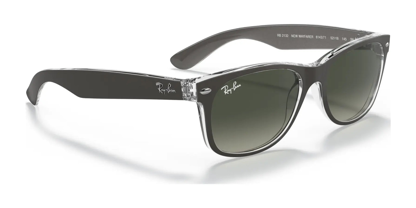 The Ray-Ban NEW WAYFARER RB2132 Sunglasses, in size 52, boast a chic black-clear frame and dark lenses, ensuring excellent sun protection.