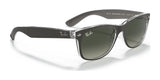 Ray-Ban NEW WAYFARER RB2132 sunglasses with black and clear frames feature dark polarized lenses for UV protection, pictured on a white background.