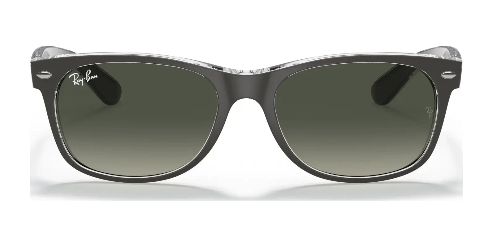 The Ray-Ban NEW WAYFARER RB2132 Sunglasses, size 52, offer superior sun protection with sleek dark lenses and a logo on the frame's top left corner.