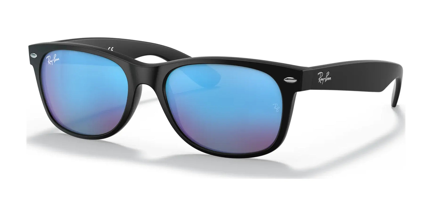 The Ray-Ban NEW WAYFARER RB2132 Sunglasses, Size 52, offer stylish sun protection with black frames and blue reflective lenses, featuring the iconic logo. They effortlessly elevate any look.