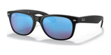 Ray-Ban NEW WAYFARER RB2132 sunglasses in black, size 55, feature blue mirrored polarized lenses with UV protection and the brand logo on the temples.