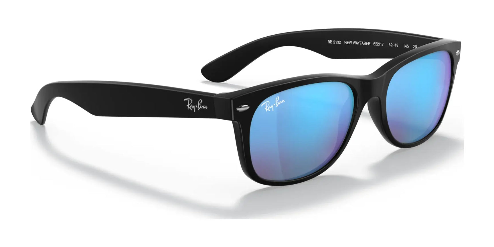 Ray-Ban NEW WAYFARER RB2132 sunglasses in size 52 feature stylish blue reflective lenses, providing sun protection while their sleek design stands out against a white background.