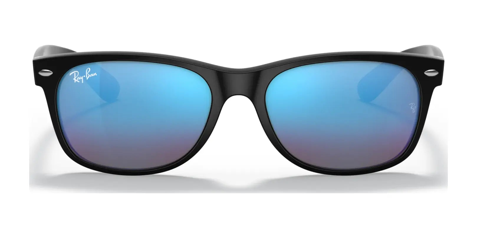 Ray-Ban NEW WAYFARER RB2132 sunglasses in black with blue mirrored lenses offer stylish sun protection.