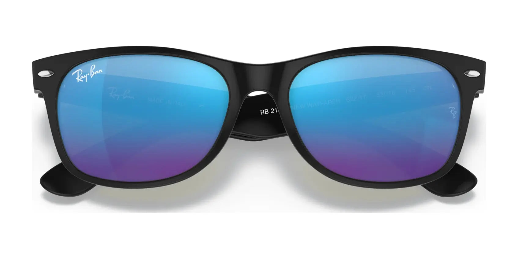 Ray-Ban NEW WAYFARER RB2132 sunglasses in black feature blue gradient lenses, providing stylish sun protection on a white backdrop.