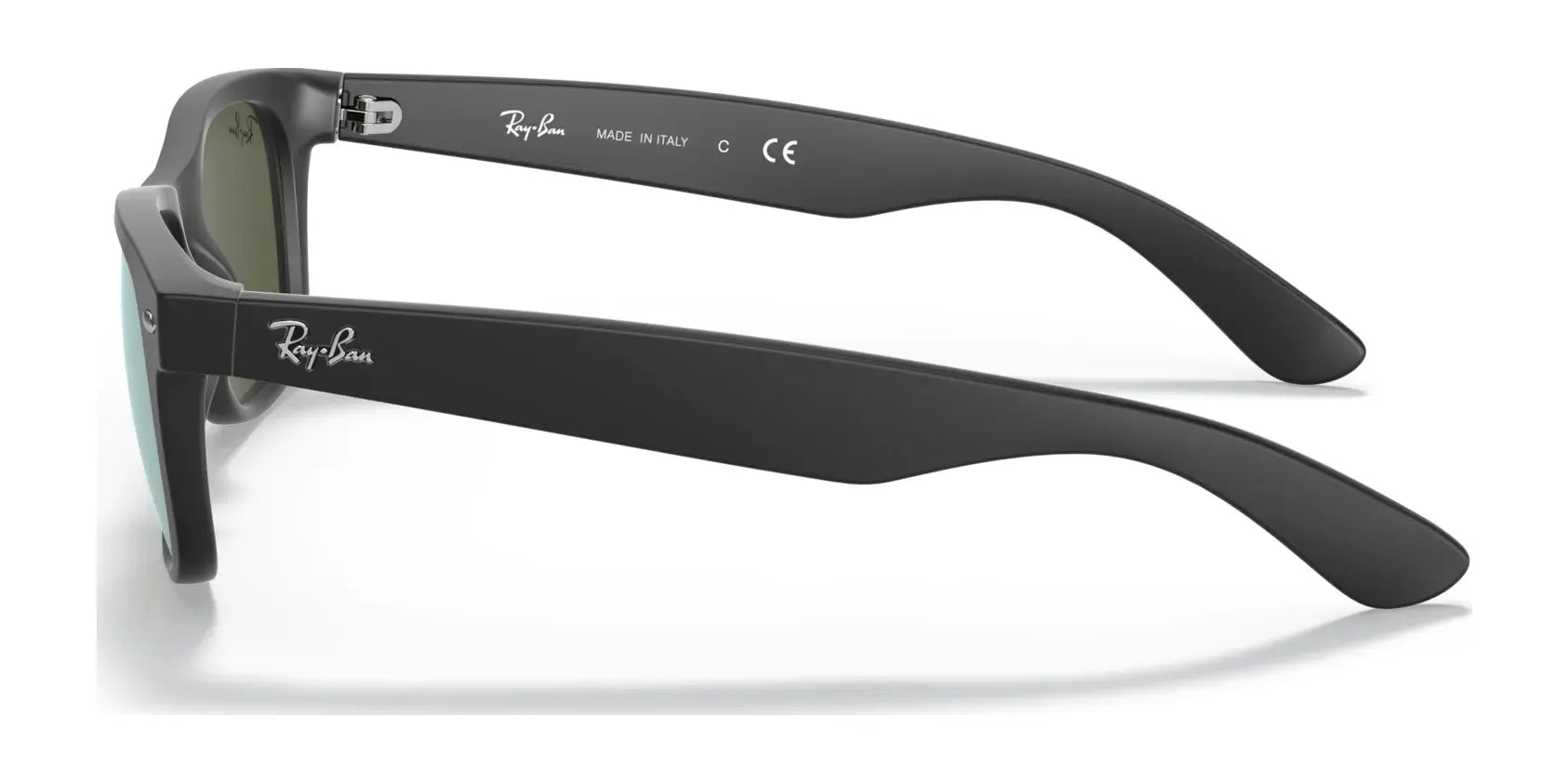 Side view of Ray-Ban NEW WAYFARER RB2132 Sunglasses in black, featuring green polarized lenses with UV protection and the brand logo on the arms.