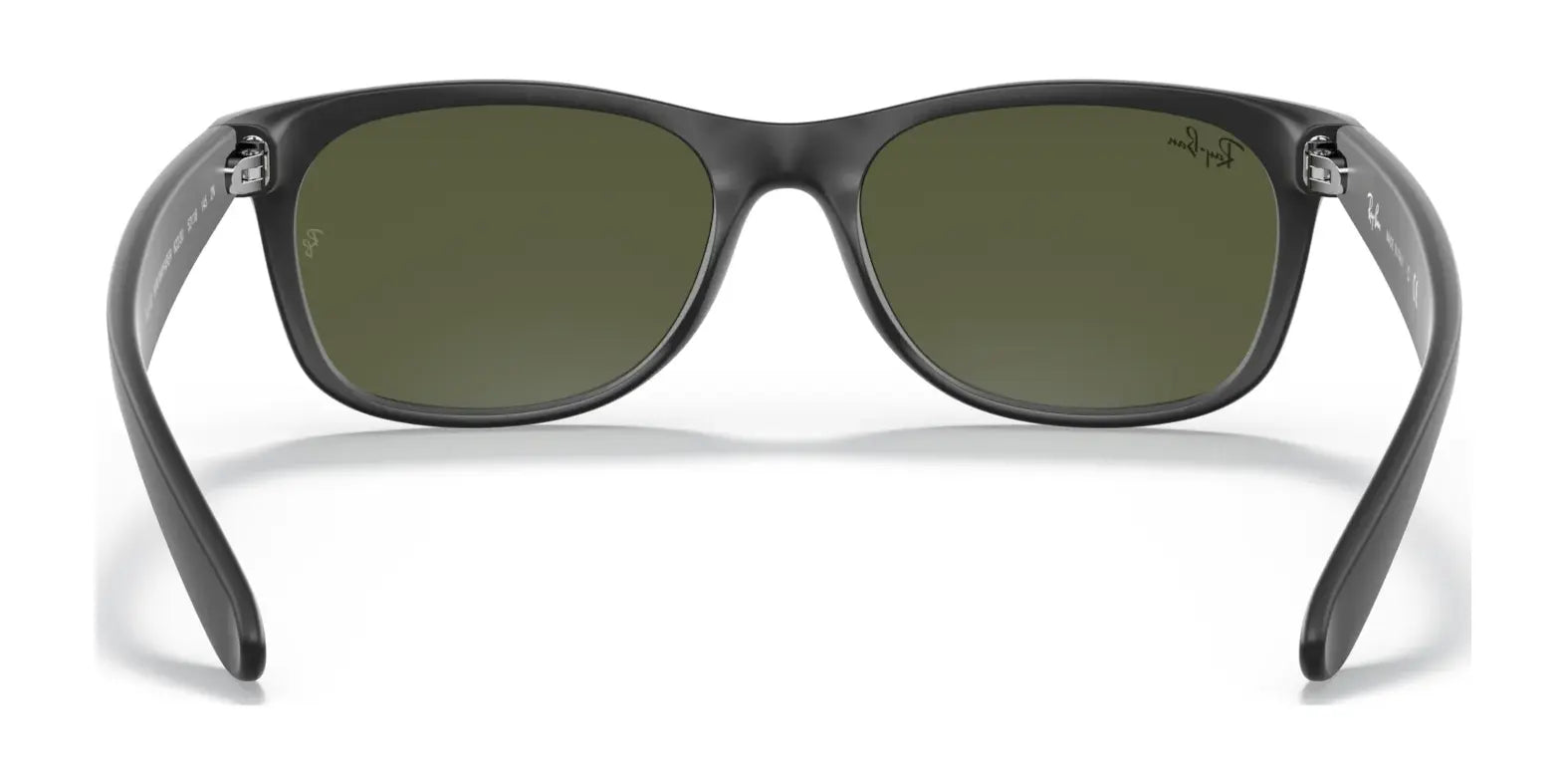 Ray-Ban NEW WAYFARER RB2132 Sunglasses, Size 52, feature stylish black frames and green lenses, providing excellent sun protection. Photographed from the front on a pristine white background.