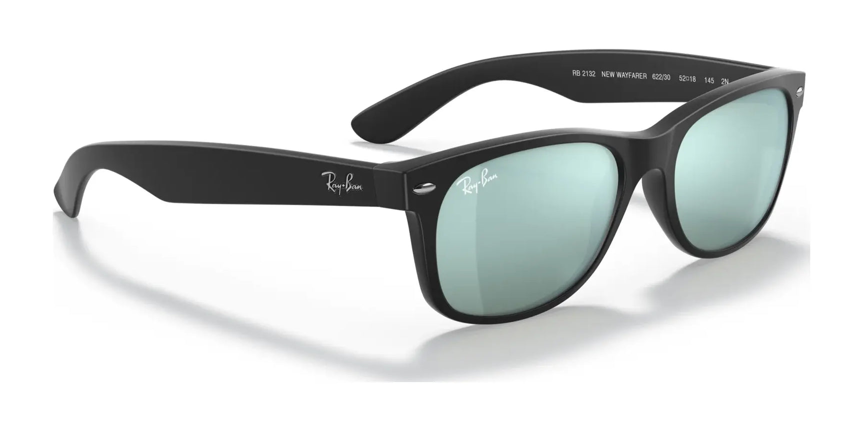 Ray-Ban NEW WAYFARER RB2132 Sunglasses in size 52 feature black frames with green tinted lenses and a white logo on the temples, offering excellent sun protection with iconic style.