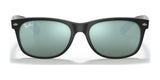 Ray-Ban NEW WAYFARER RB2132 Sunglasses, size 55, feature black frames and green polarized lenses for UV protection, displayed on a white background.