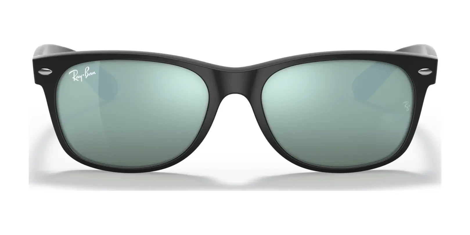 Ray-Ban NEW WAYFARER RB2132 Sunglasses, size 55, feature black frames and green polarized lenses for UV protection, displayed on a white background.