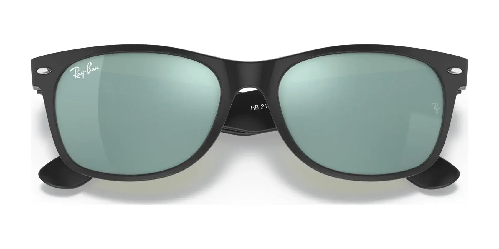 Front view of the stylish black Ray-Ban NEW WAYFARER RB2132 sunglasses with green lenses, Size 52, offering sun protection.