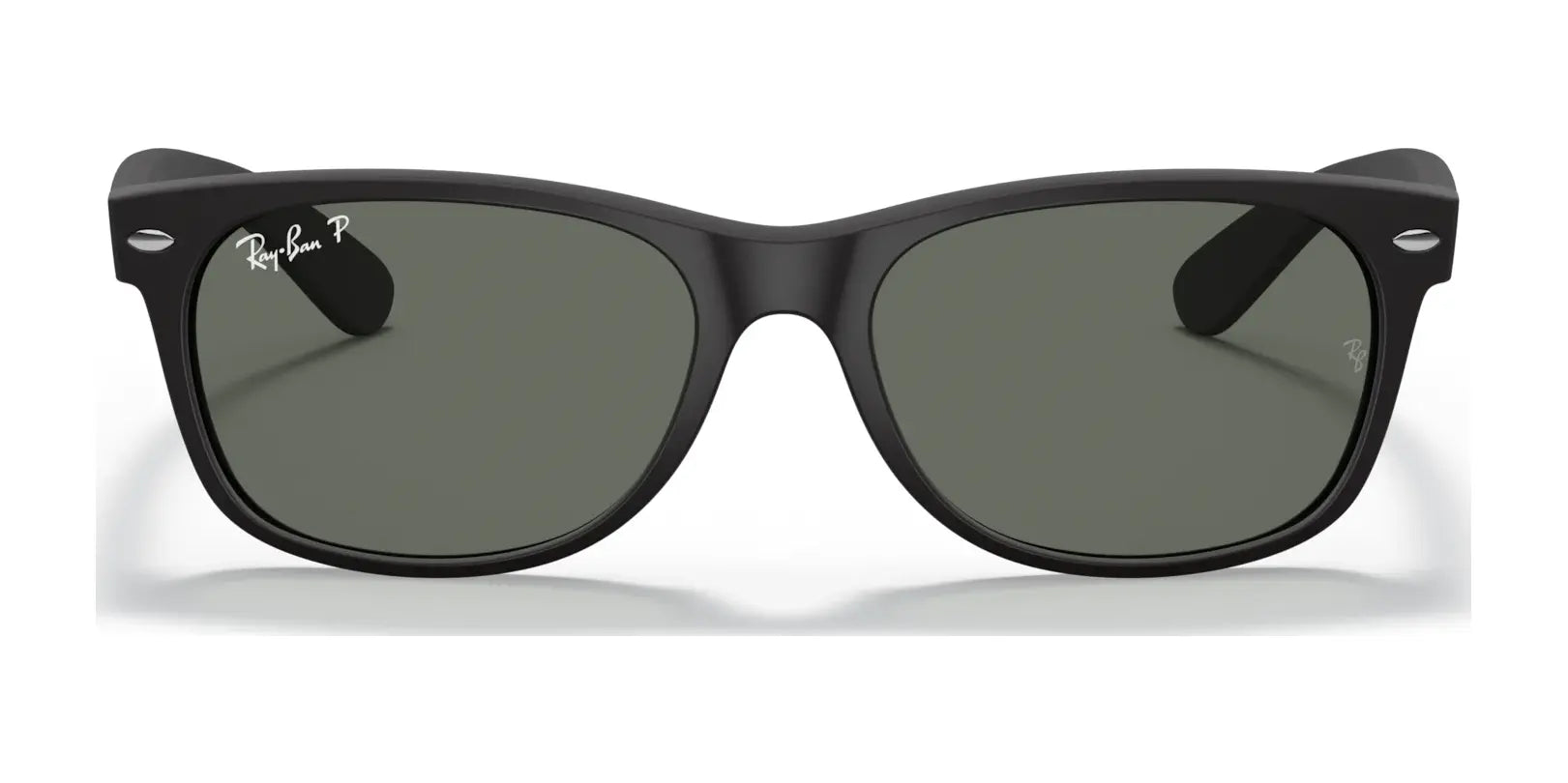 Ray-Ban NEW WAYFARER RB2132 sunglasses, size 55, feature dark polarized lenses with 100% UV protection, viewed from the front.