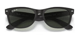 Ray-Ban NEW WAYFARER RB2132 Sunglasses, Size 55, feature black frames and dark polarized lenses with UV protection and a small white logo on the top corner of the left lens.