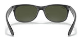 Viewed from the back, a sleek pair of black Ray-Ban NEW WAYFARER RB2132 sunglasses with dark green lenses and UV protection in size 58.