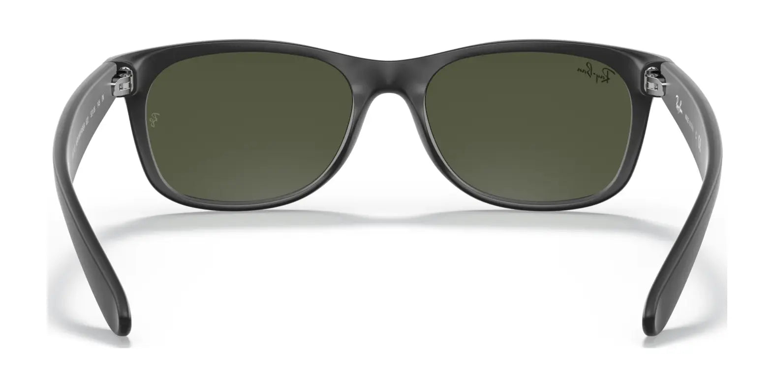 Viewed from the back, a sleek pair of black Ray-Ban NEW WAYFARER RB2132 sunglasses with dark green lenses and UV protection in size 58.