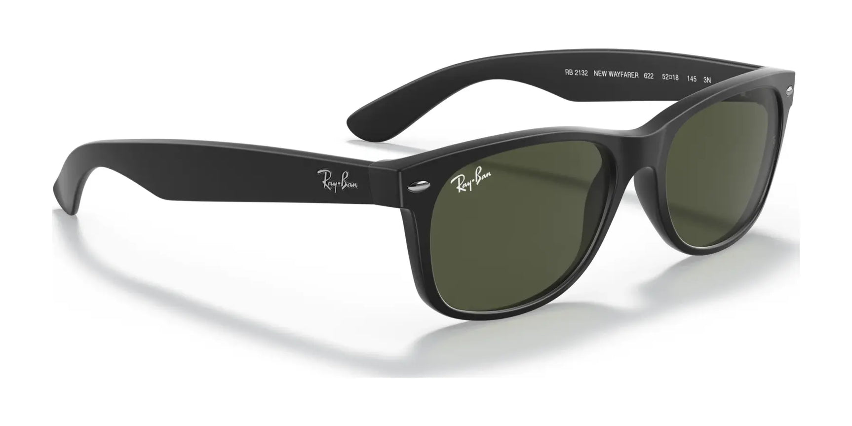 The Ray-Ban NEW WAYFARER RB2132 sunglasses in black feature polarized green lenses for excellent UV protection on a white background.