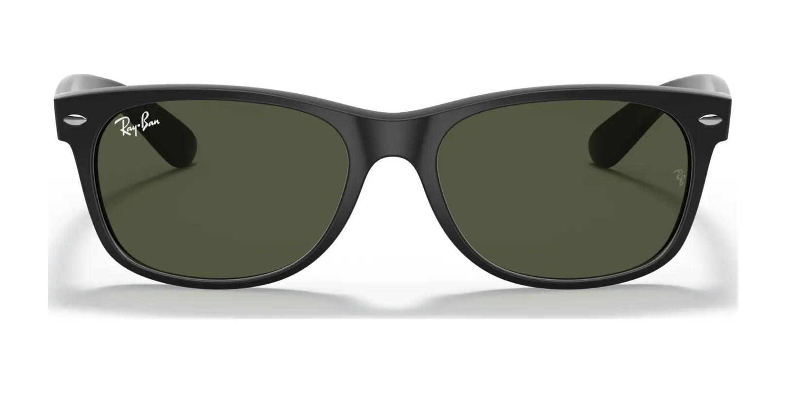 Ray-Ban NEW WAYFARER RB2132 Size 58 sunglasses feature dark green lenses on a plain background, providing excellent UV protection.