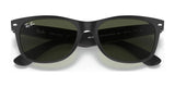 Black Ray-Ban NEW WAYFARER RB2132 sunglasses, size 58, with dark lenses and 100% UV protection, viewed from the front.