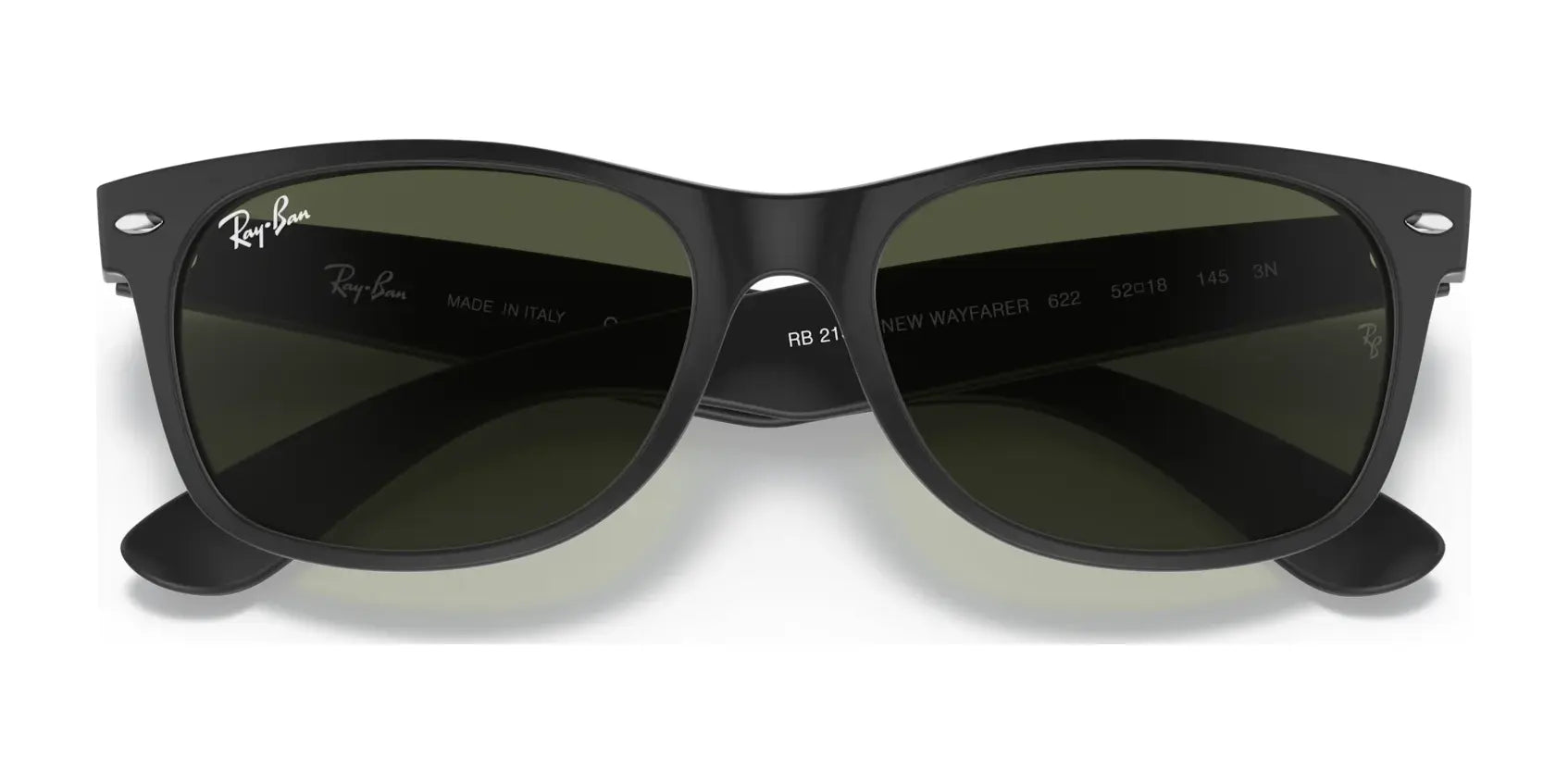 The Ray-Ban NEW WAYFARER RB2132 sunglasses in black feature dark lenses, offering classic style and premium quality from Ray-Ban, perfect for excellent sun protection.