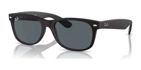 The Ray-Ban NEW WAYFARER RB2132 sunglasses in size 58, featuring a black frame with dark lenses and a reflective logo for timeless style and 100% UV protection, are displayed on a white background.